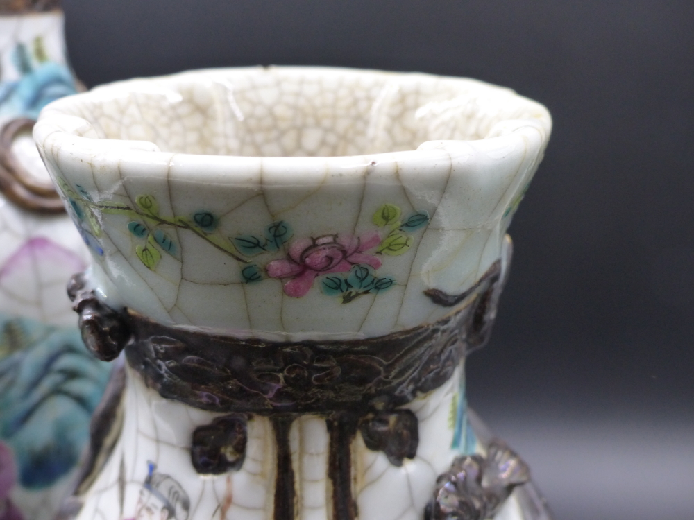 A PAIR OF CHINESE FAMILLE ROSE WARRIOR DECORATED CRACKLE GLAZE VASES WITH APPLIED DRAGON COLLARS AND - Image 2 of 48