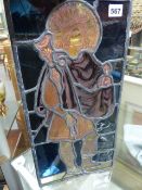 A 19th.C.LEAD GLAZED STAINED GLASS PANEL DEPICTING A SAINT WITH ORB AND SCEPTRE.
