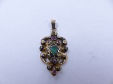 AN EARLY 20th CENTURY ENAMELLED AND STONE SET ORNATE,YELLOW METAL (TESTS AS GOLD) PENDANT.