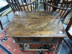 AN ANTIQUE 17th.C.STYLE OAK SIDE TABLE WITH DEEP FRIEZE DRAWER AND STRETCHER BASE. W.66cms.