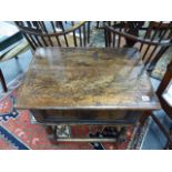 AN ANTIQUE 17th.C.STYLE OAK SIDE TABLE WITH DEEP FRIEZE DRAWER AND STRETCHER BASE. W.66cms.