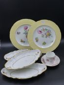 A SMALL GROUP OF CABINET PIECES TO INCLUDE A PAIR OF COALPORT ROSE DECORATED PLATES, A CONTINENTAL