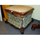 A VICTORIAN SMALL BOX STOOL WITH CARVED SHOW FRAME BASE AND SWEPT SIDES. W.58 x H.41cms.