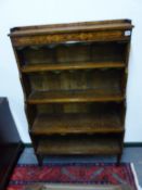 A WALNUT AND BOXWOOD INLAID WATERFALL BOOKCASE ON SQUARE TAPERED LEGS. W.85 x H.135cms.