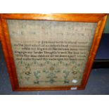 AN EARLY 19th.C. NEEDLEWORK ALPHABET AND VERSE SAMPLER BY CATHARINE HERBERT DATED 1831 IN A MAPLE