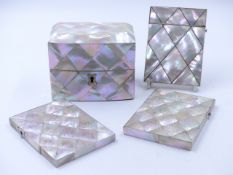 A MOTHER OF PEARL CASKET WITH LOCKING KEY TOGETHER WITH THREE FURTHER MOTHER OF PEARL CARD CASES.