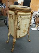 A 19th.C.TOLEWARE DECORATED PLATE CABINET ON CAST IRON LEGS.