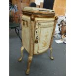 A 19th.C.TOLEWARE DECORATED PLATE CABINET ON CAST IRON LEGS.