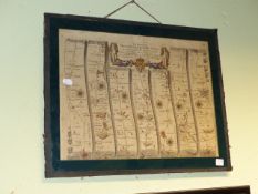 MAP: JOHN OGILBY. A HAND COLOURED TRIP MAP OF OXFORD TO COVENTRY MOUNTED BUT UNFRAMED.