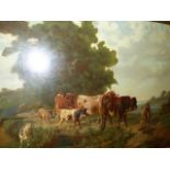 19th.C. CONTINENTAL SCHOOL. CATTLE AND GOATS ON A BRIDGE SIGNED INDISTINCTLY, OIL ON CANVAS. 63 x