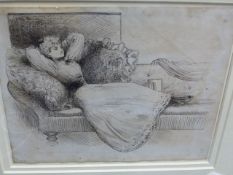 A LATE 19th/EARLY 20th.C. PEN AND INK ILLUSTRATION OF A LADY RECLINING ON A CHAISE LONGUE