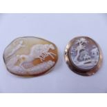 A LARGE OVAL CAMEO BROOCH MOUNTED IN 9ct GOLD DEPICTING A GODDESS POSSIBLY AURORA ON A FOUR HORSE