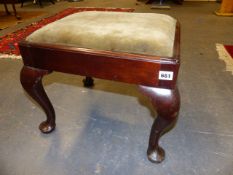 A 19th.C.MAHOGANY FOOTSTOOL ON CABRIOLE LEGS. 45 x 38cms.