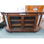 A VICTORIAN WALNUT AND INLAID CREDENZA WITH GLAZED PANEL DOORS AND MIRROR END RECESSES, ORMOLU