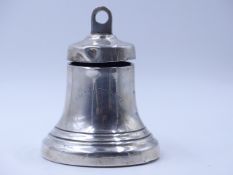 A SILVER INKWELL IN THE FORM OF A SHIPS BELL, INSCRIBED R.M.S QUEEN MARY, DATED 1938, BIRMINGHAM FOR