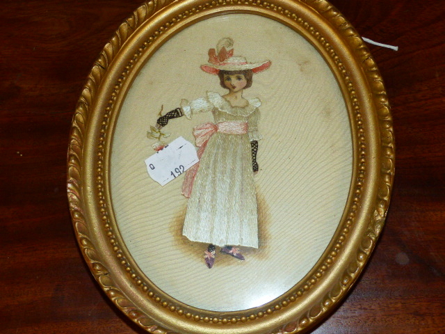 AN EDWARDIAN OVAL SILKWORK PANEL OF A YOUNG GIRL HOLDING A ROSE. 15.5 x 12cms. TOGETHER WITH A - Image 2 of 6