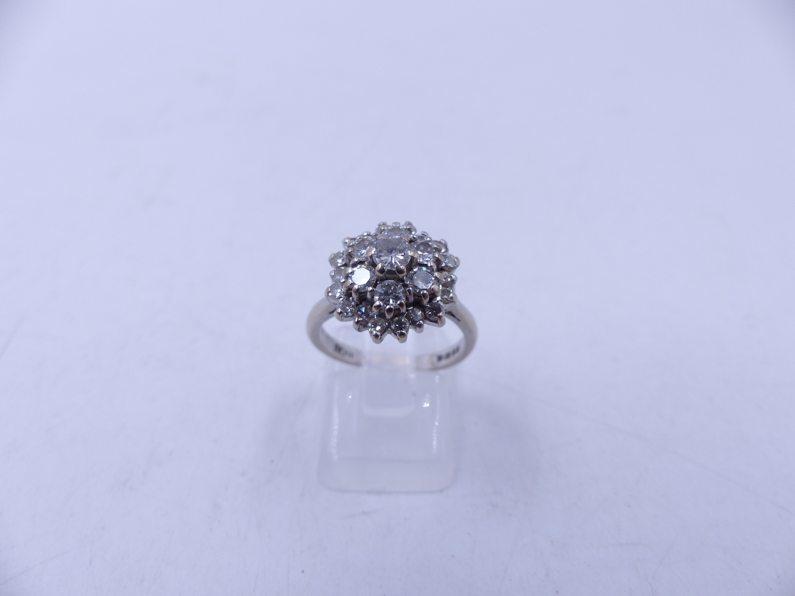 AN 18ct HALLMARKED WHITE GOLD DIAMOND DOUBLE CLUSTER RING. THE BRILLIANT CUT DIAMONDS ARE CLAW