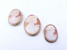 A GROUP OF THREE CAMEO BROOCHES, ALL BEARING A PORTRAIT OF A MAIDEN, ALL MOUNTED IN 9ct YELLOW GOLD.