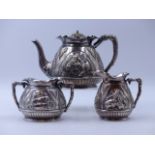 A VICTORIAN SILVER HALLMARKED THREE PIECE TEA SET, DATED 1893 LONDON, FOR CHARLES EDWARDS, WITH A