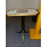 A REGENCY STYLE TRIPOD OCCASIONAL TABLE WITH PAINT DECORATED BASE AND UNUSUAL MARQUETRY INSET TOP.