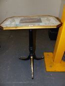 A REGENCY STYLE TRIPOD OCCASIONAL TABLE WITH PAINT DECORATED BASE AND UNUSUAL MARQUETRY INSET TOP.