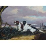 19th.C.ENGLISH SCHOOL. TWO POINTERS AND A PHEASANT, OIL ON CANVAS. 26 x 30.5cms.