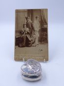 A SILVER HALLMARKED HEART SHAPED BOX WITH COVER DEPICTING A PORTRAIT OF W.S.PENLEY TOGETHER WITH A