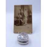 A SILVER HALLMARKED HEART SHAPED BOX WITH COVER DEPICTING A PORTRAIT OF W.S.PENLEY TOGETHER WITH A
