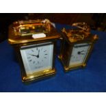 TWO 20th.C.GILT BRASS CASED CARRIAGE CLOCKS, ONE BY WOODFORD AND THE OTHER BY JENS OLSEN.