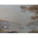 EARLY 19th.C.ENGLISH SCHOOL. A RIVERSIDE SCENE, WATERCOLOUR. 20 x 30cms.