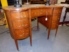 AN ANTIQUE SATINWOOD SHERATON STYLE PAINT DECORATED KIDNEY SHAPED WRITING DESK WITH LEATHER INSET