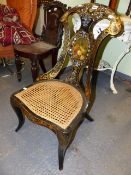 A 19th.C.PAPIER MACHE PAINT DECORATED AND MOTHER OF PEARL INLAID LADIES CHAIR WITH LABEL FOR