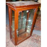A 19th.C.MAHOGANY TABLE TOP DISPLAY CABINET WITH MIRRORED BACK AND FITTED GLASS SHELVES. W.47 x H.69