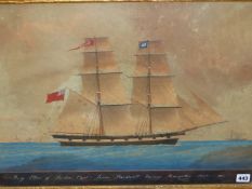 19th.C.FRENCH MARINE SCHOOL. BRIG ELLEN OF LONDON LEAVING MARSEILLES, OCT.1861, WATERCOLOUR. 44 x