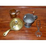 A 19th.C.BRASS CHAMBERSTICK, A PAIR OF SUGAR CUTTERS, CORKSCREW AND TWO TANKARDS.