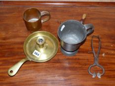 A 19th.C.BRASS CHAMBERSTICK, A PAIR OF SUGAR CUTTERS, CORKSCREW AND TWO TANKARDS.