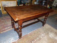 A 17th.C.AND LATER OAK REFECTORY TABLE ON SPIRAL TURNED SUPPORTS. 153 x 82 x H.79cms.