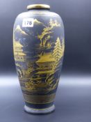 A JAPANESE TALL OVOID SATSUMA VASE DECORATED WITH GILT LANDSCAPES ON A BLACK GROUND, SIGNATURE