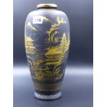 A JAPANESE TALL OVOID SATSUMA VASE DECORATED WITH GILT LANDSCAPES ON A BLACK GROUND, SIGNATURE
