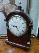 A LATE GEORGIAN MAHOGANY BRACKET CLOCK WITH 8" CONVEX DIAL SIGNED BUDGEN, CROYDEN. A 2-TRAIN BELL