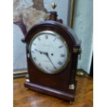 A LATE GEORGIAN MAHOGANY BRACKET CLOCK WITH 8" CONVEX DIAL SIGNED BUDGEN, CROYDEN. A 2-TRAIN BELL