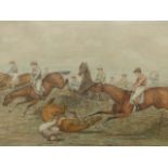 H.ALKEN. (19th.C.ENGLISH SCHOOL) TAKING THE JUMP, SIGNED AND DATED 1821, PENCIL AND WATERCOLOUR WITH