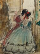 DAME LAURA KNIGHT (1877-1970) (ARR) OFF STAGE, TWO DANCERS, SIGNED WATERCOLOUR DATED 1948 TITLED