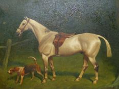BASIL NIGHTINGALE. (1864-1940) PORTRAIT OF A SADDLED HUNTER AND HOUND, SIGNED AND DATED 1923, OIL ON