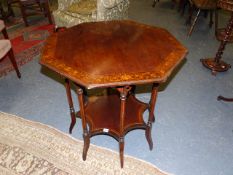 A LATE 19th/20th.C. OCTAGONAL CENTRE TABLE ON TURNED COLUMN SUPPORTS WITH UNDER TIER IN THE ARTS AND