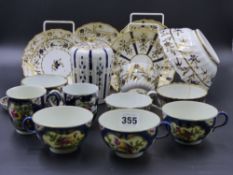 FOUR WORCESTER PORCELAIN TEA CUPS, TWO COFFEE CUPS, A LIDDED TEAPOY, SPOON, TRAY, ETC