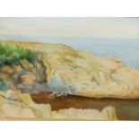KEVIN HENNESSEY. 20th.C. A SPANISH COASTAL VIEW, SIGNED PENCIL AND WATERCOLOUR. 42 x 68cms.