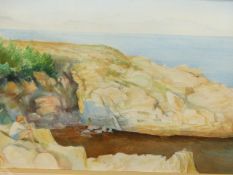 KEVIN HENNESSEY. 20th.C. A SPANISH COASTAL VIEW, SIGNED PENCIL AND WATERCOLOUR. 42 x 68cms.