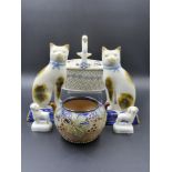 A 19th.C. PEARLWARE POT POURRI BASKET WITH COVER L.18cms. H.15cms, A PAIR OF STAFFORDSHIRE RECUMBENT