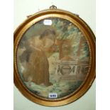 A LATE GEORGIAN OVAL SILKWORK PANEL COMMEMORATING SHAKESPEARE, A MAIDEN BESIDE A TOMB. 32 x 25cms.